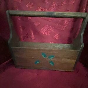 Wooden mail, card, magazine holder with carrying handle holly and berries motif